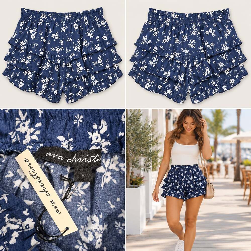 🌼 NWT Ava Christine Navy & White Floral Tiered Ruffle Shorts Size L